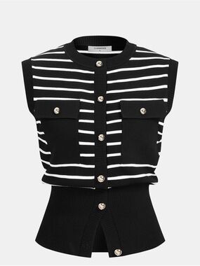 Commense Black & White Striped Sleeveless Knit Shell